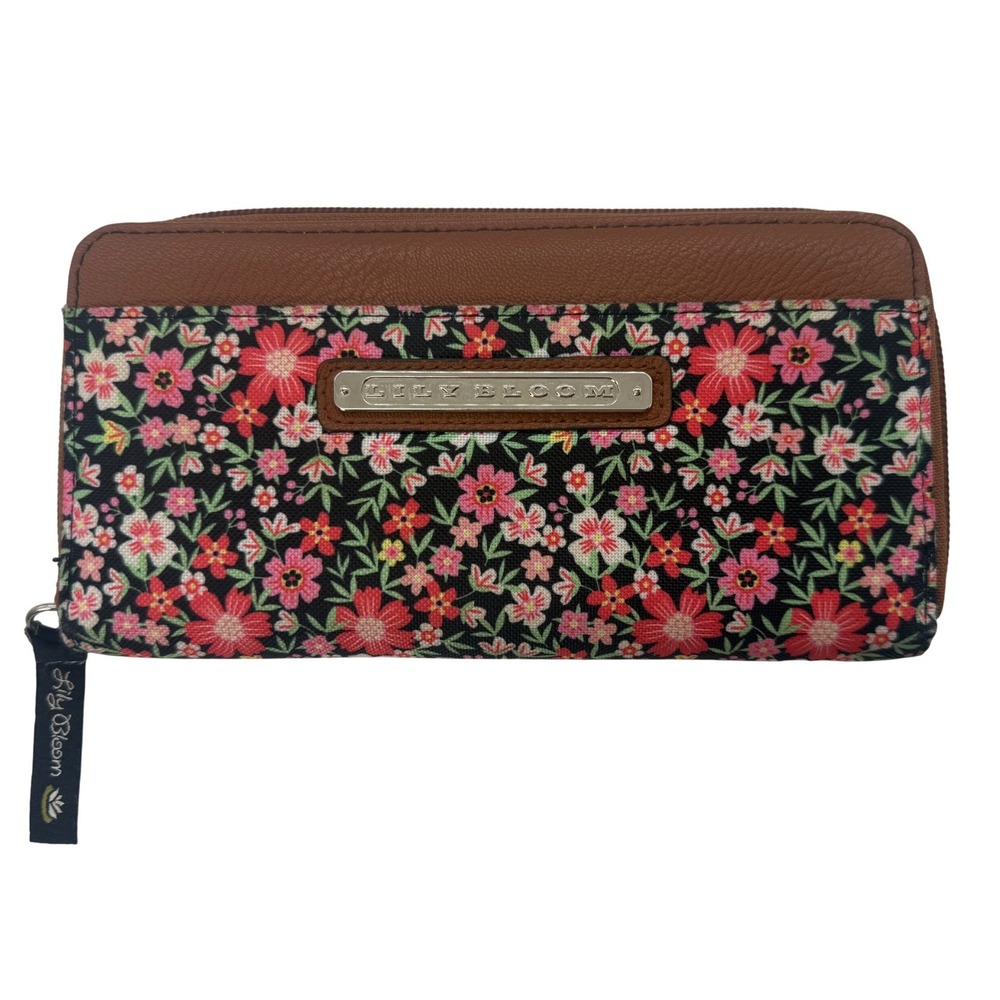 Lily Bloom Floral‎ Zip Around Wallet Change Purse Brown Trim Recycled Material